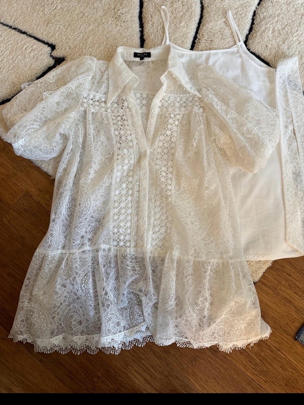 Self-Portrait White Embroidered Lace Button-Down Blouse with Camisole